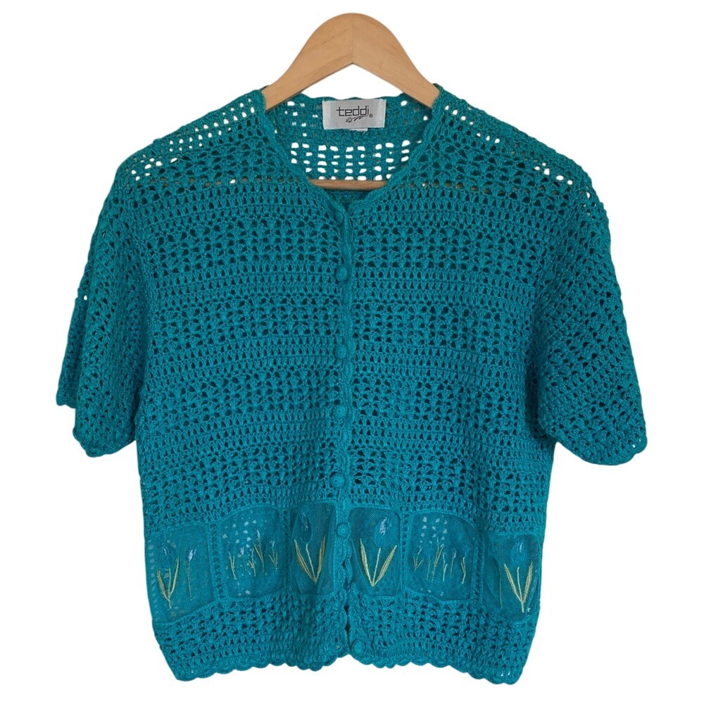 Teddi Womens Teal Crochet Cardigan Short Sleeve Size Large Granny Cottagecore